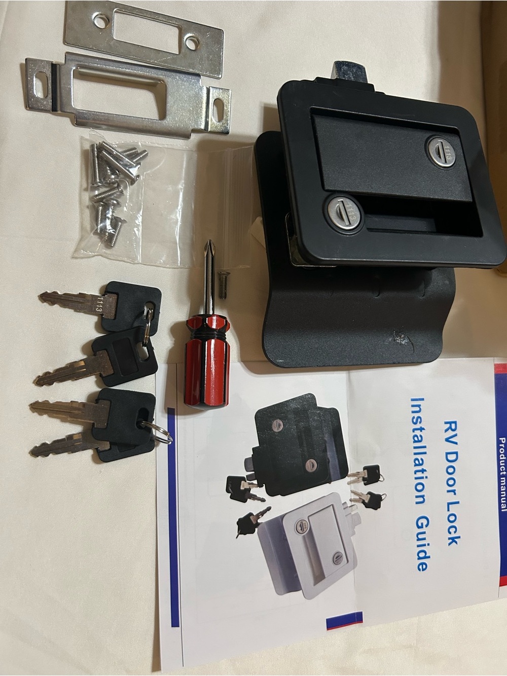 Black RV Door Lock with Keys and Installation Hardware. K-7904-1-B